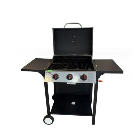 TOPAZ 3-Burner Gas Braai with Side Tables & Wheeled Cart – Black Steel Construction