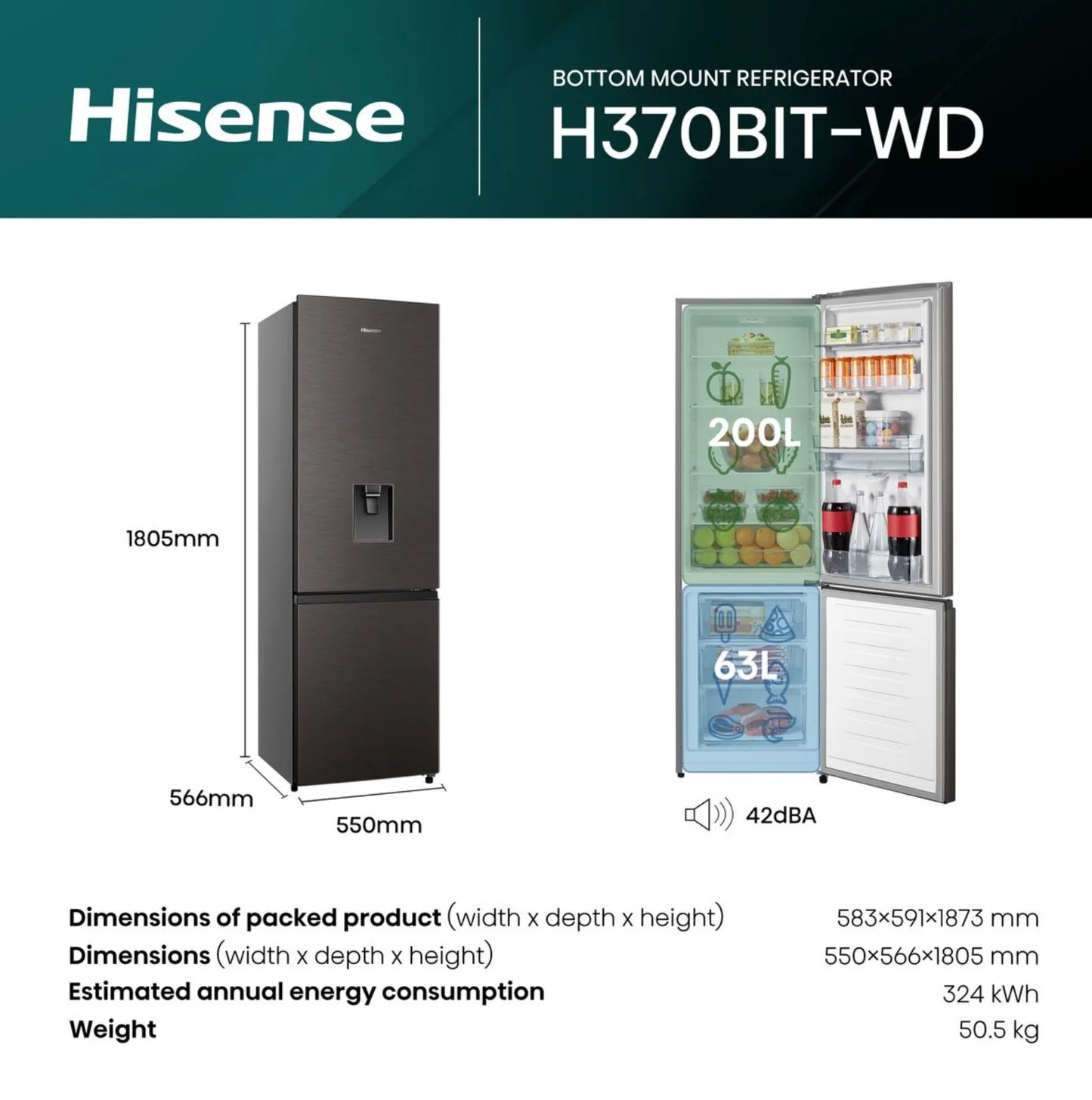Hisense 263L Bottom Freezer Fridge with Water Dispenser-Titanium Inox